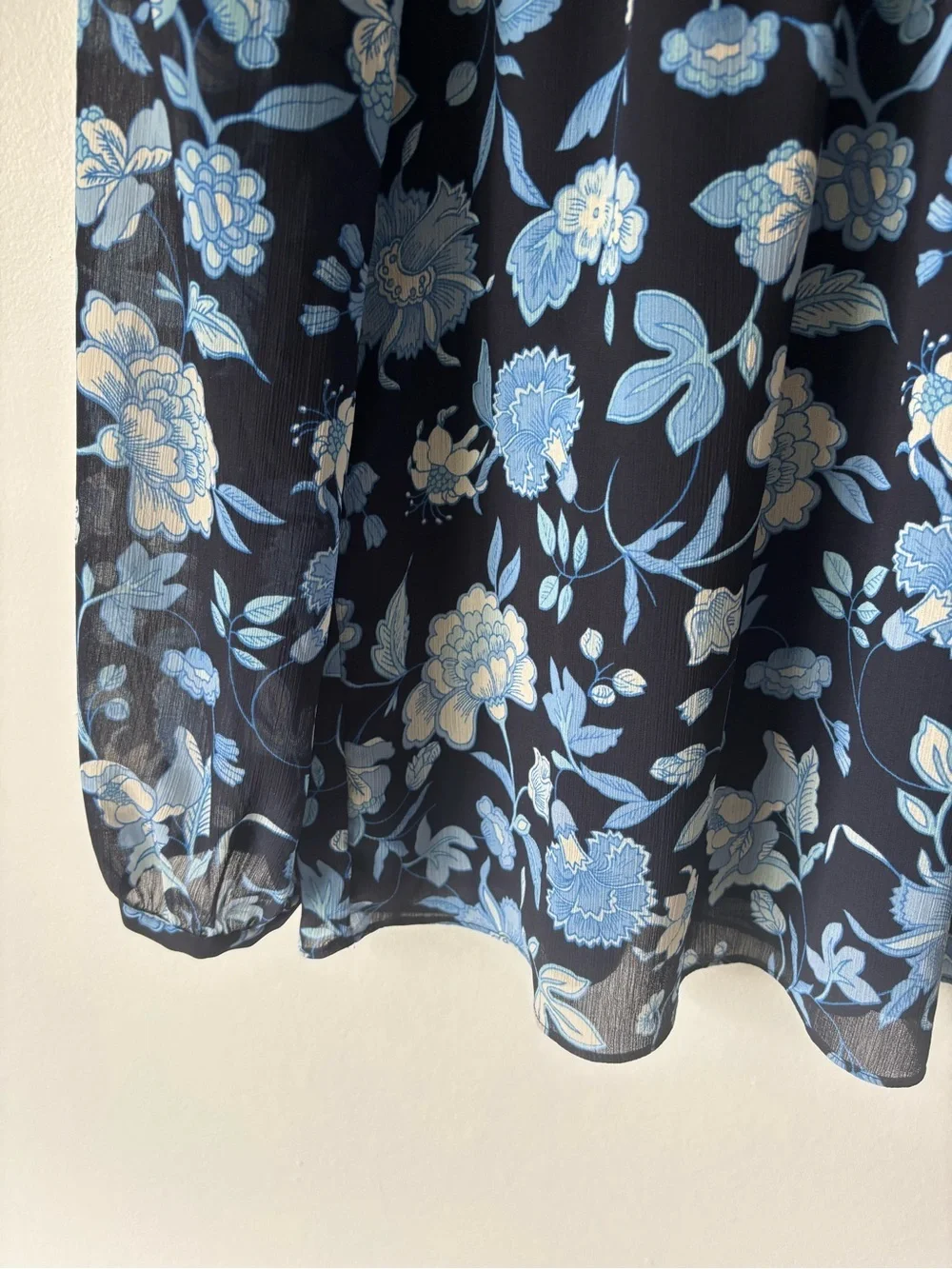 J.Crew Ruffle Neck Chiffon Top Midnight Blue Black Floral Pattern Smocked Ruffle